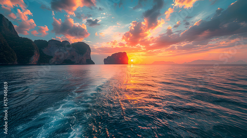 A photo of the Phi Phi Islands, with towering limestone cliffs as the background, during a vibrant sunset