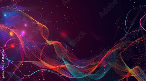 Abstract design with colorful lines and dots on a dark background, evoking trends in digital art and quantum wave tracking