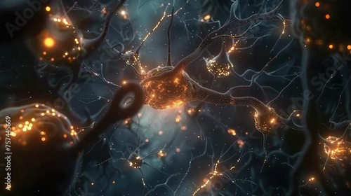 Digital illustration of neurons lighting up with bright connections in a conceptual representation of brain activity. 