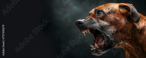 Aggressive dog barks, side view on a dark background photo