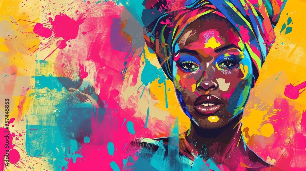 Artistic representation of cultural diversity featuring a colorful portrait of a woman with a vibrant headwrap
