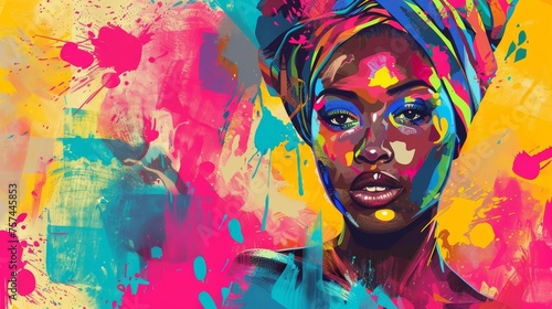 Artistic representation of cultural diversity featuring a colorful portrait of a woman with a vibrant headwrap