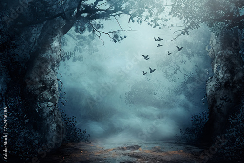 Mystical forest pathway with fog and flying birds  evoking an eerie yet enchanting mood. Concept of book covers  fantasy artwork  atmospheric background  storytelling visuals