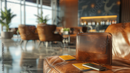 Classic brown leather wallet beside a yellow smartphone on a premium leather couch in an upscale lounge photo