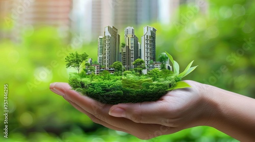 Eco-friendly concept illustration showing a vibrant green cityscape nestled in the palm of a hand, symbolizing sustainability and environmental care