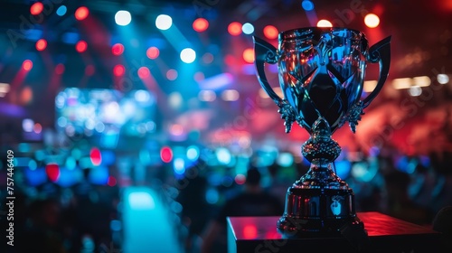 Epic scene of an esports trophy gleaming under spotlights on a stage, surrounded by gaming setups in a crowded arena, capturing the thrill of competitive gaming