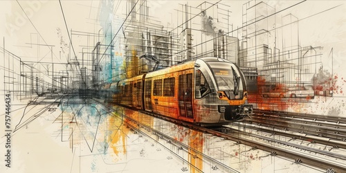 Artistic drawing of a cityscape and subway train