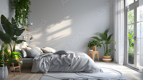 This image shows a peaceful bedroom setup with natural light casting shadows, decorated with plants, creating a tranquil ambience