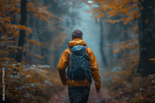 Solo Hiker Trekking Through Autumn Forest at Dusk © Dzmitry