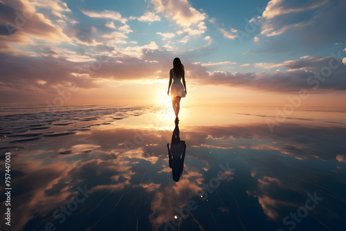 Woman Walking Across Large Body of Water