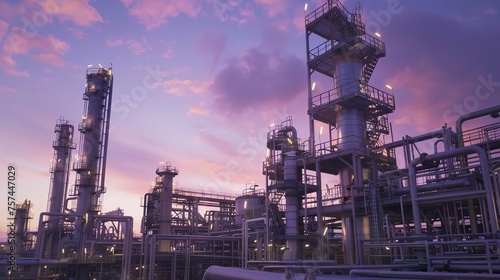 Industrial view of an oil refinery at dawn, showcasing the complexity and scale of energy production facilities
