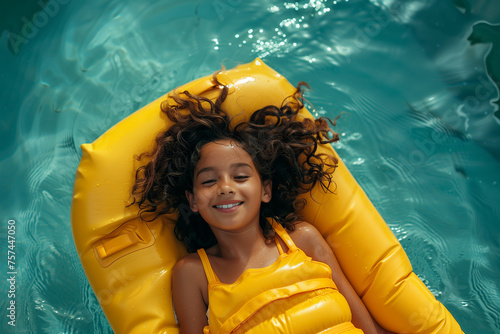 Top view of a happy girl lying on a yellow inflatable mattress in a pool of water photo