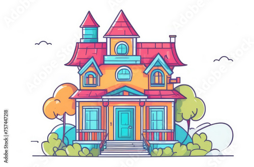 colorful flat illustration of cozy house and garden around it in pleasant neighborhood