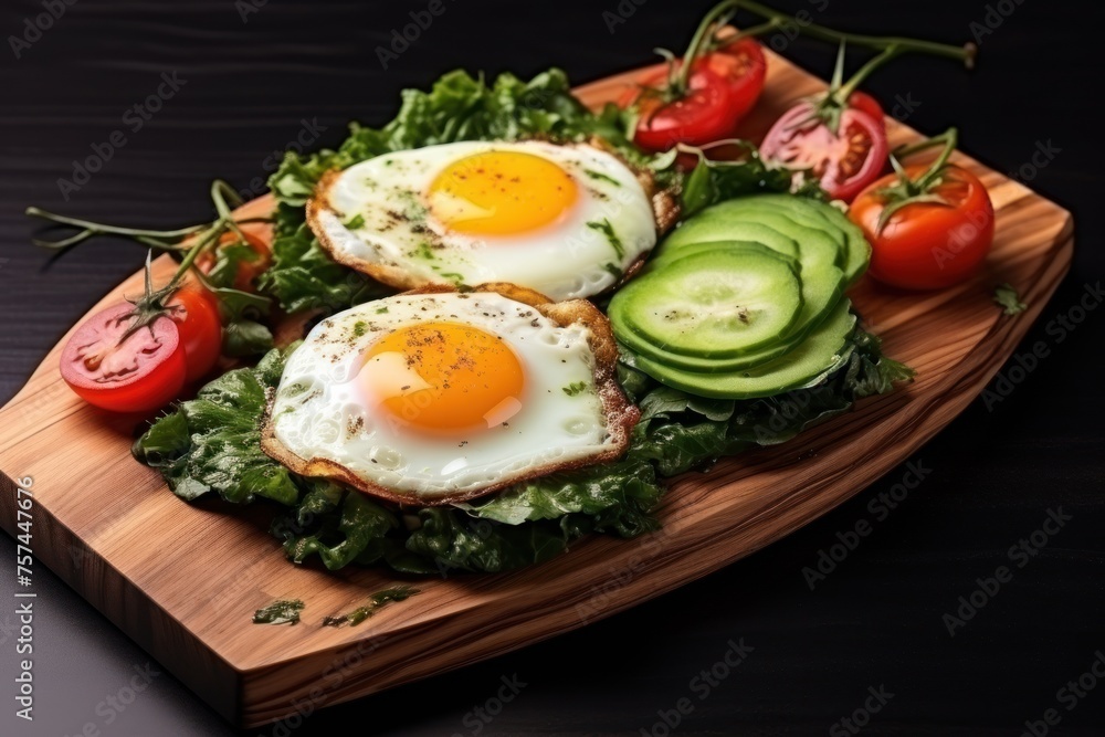 Fried eggs arranged on a wooden cutting board Paired with avocado, tomato and green leafy vegetables Fried eggs arranged on a wooden cutting board Paired with avocado, tomato and green leafy vegetables
