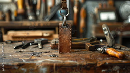 A close-up shot of a brown leather keychain amidst various artisan tools on a rustic wooden surface