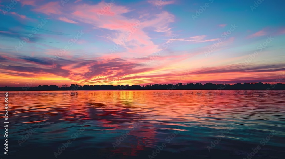 Serene sunset scene over a tranquil lake, the sky painted with vibrant hues as reflections dance on the water's surface, offering a moment of peace and reflection