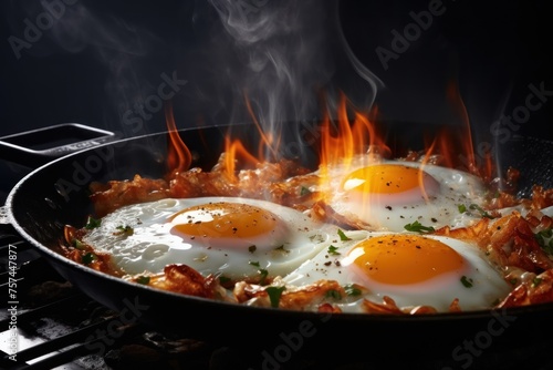 fried egg whites, beautiful, no burn marks, served on an iron pan, hot from the oven, hot smoke rising,
