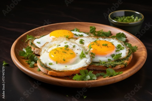 Fried eggs, runny yolks. on whole wheat bread Sprinkle with salt and pepper. bright orange egg yolk Contrast with the green color of coriander. Served on a wooden plate