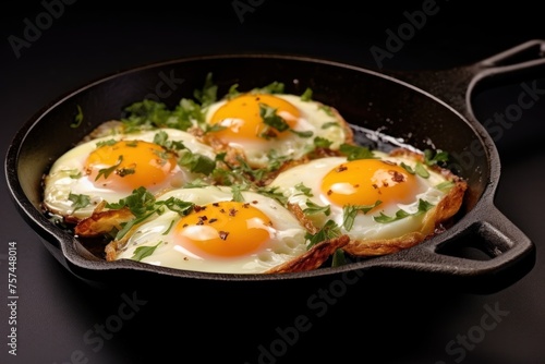 Fried eggs served in an iron pan, hot from the oven