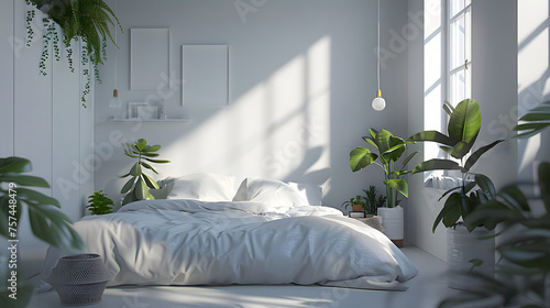 This image showcases a sleek bedroom engulfed in natural lighting  highlighting a pristine white bed and elegant houseplants