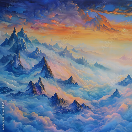 A surreal landscape painting depicting a fantastical world where mountains float amidst a sea of clouds, evoking a sense of awe and wonder