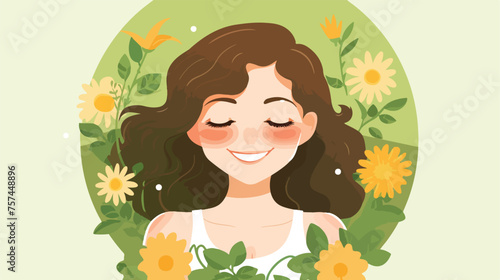 Cute girl flowers and sun on green circle background