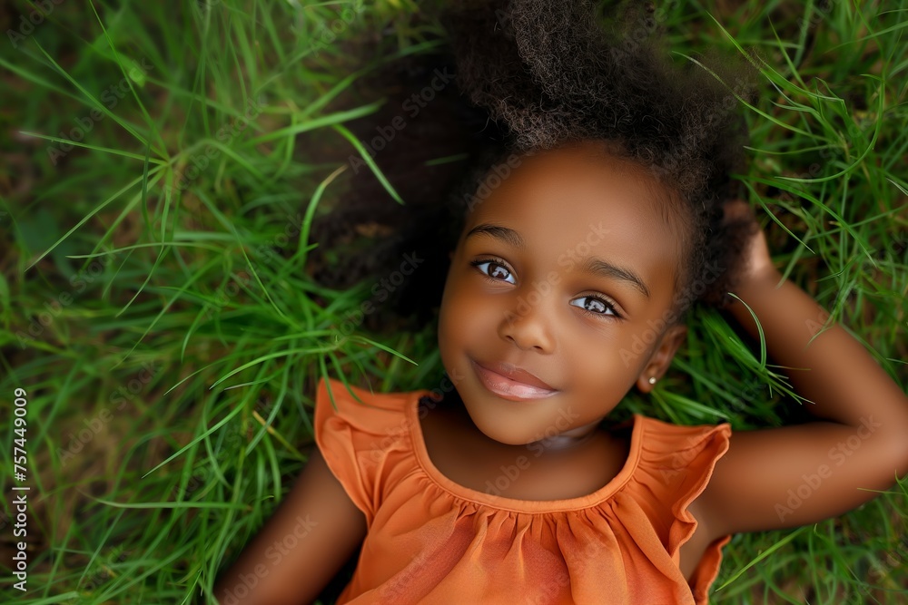 Smiling girl laying in grass looking up Smiling girl laying in grass looking up