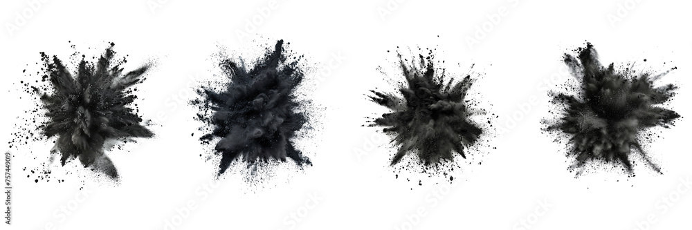 Set of black color explosion of holi powder isolated on a transparent background Set of black color explosion of holi powder isolated on a transparent background