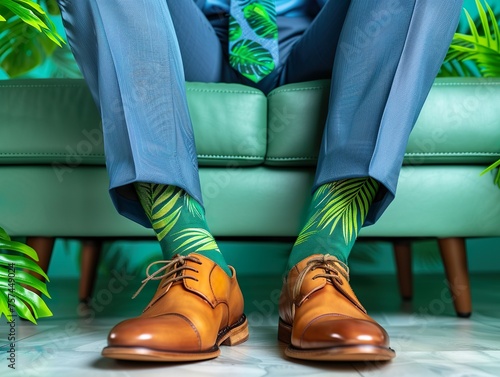 Concepto de hombre de negocios vistiendo unos calcetines sostenibles por el medio ambiente. 