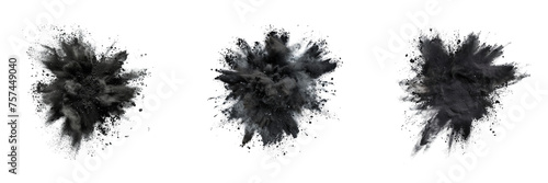 Set of black color explosion of holi powder isolated on a transparent background