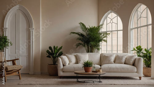 White sofa, potted houseplants against an arched window, beige wall with copy space, defining the home interior design. © xKas