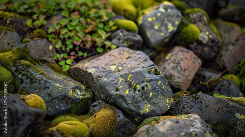 In a detailed close-up of rocks covered in a lush layer of green moss with Iceland in the background. Natural scenery of rocks with mosses in vivid contrast.