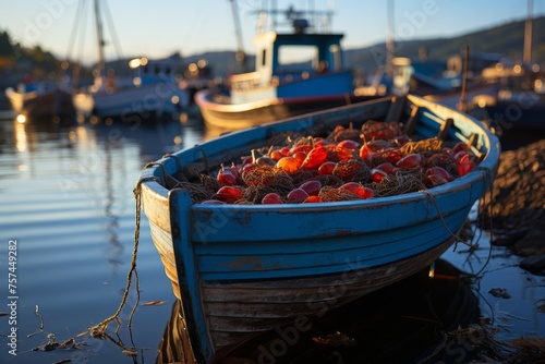 A blue boat filled with tomatoes is floating on the water