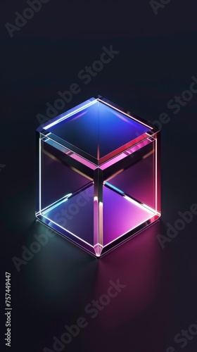 3d crystal glass cube with refraction and holograph. poster design element, abstract colorful gradient shape, glass cube with multicolored refraction effect. Generative ai