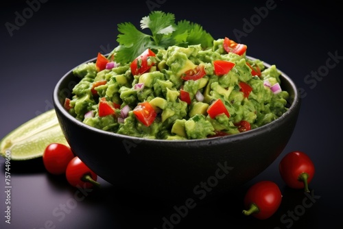 Guacamole, smooth and fine texture, placed in a stone bowl, decorated with diced avocado, tomatoes and cilantro, emphasizing freshness,