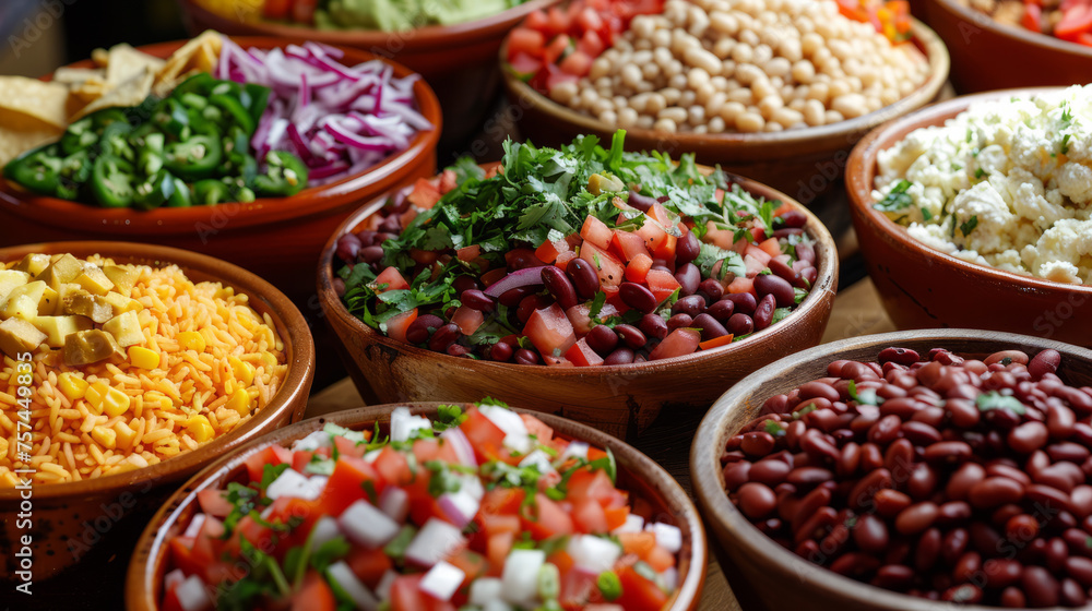 A diverse selection of delectable Mexican dishes arrayed on wooden table, offering variety from salads to beans