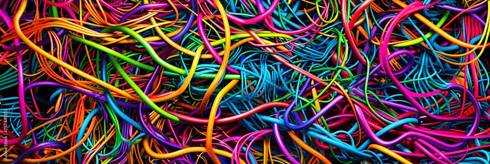 A tangled mess of vibrant, neon-colored electric cables forming an abstract background