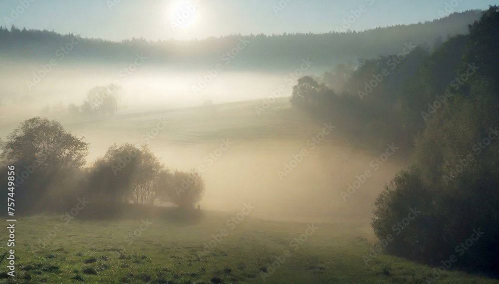 misty morning in on the meadow in the forest misty morning in on the meadow in the forest