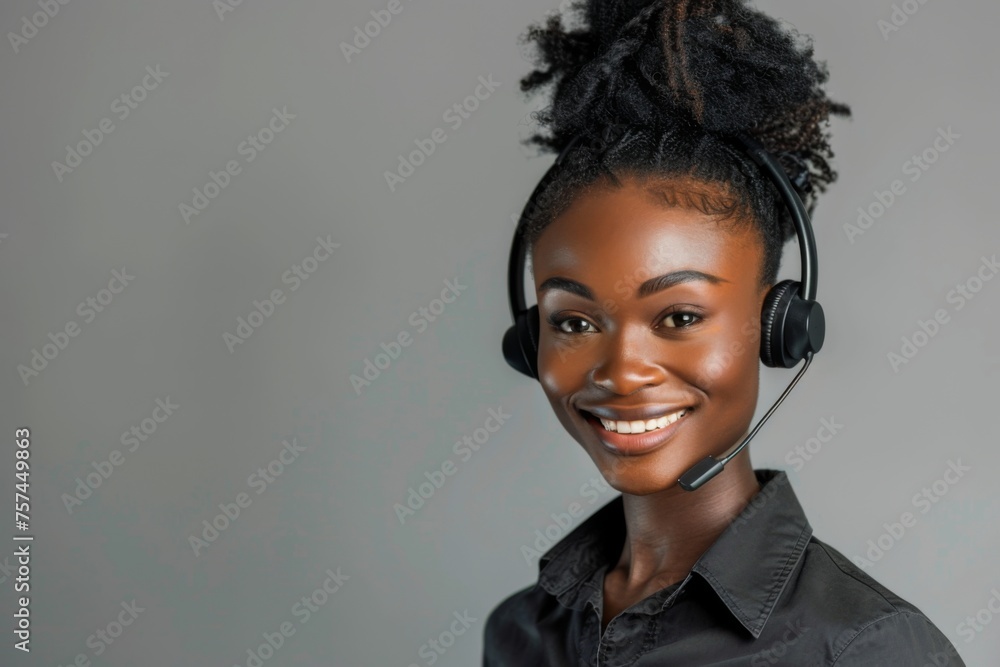 An image of a beautiful Afro-American woman with a smile wearing a headset as call center personnel, captured on a light gray background with copy space. An image of a beautiful Afro-American woman with a smile wearing a headset as call center personnel, captured on a light gray background with copy space.