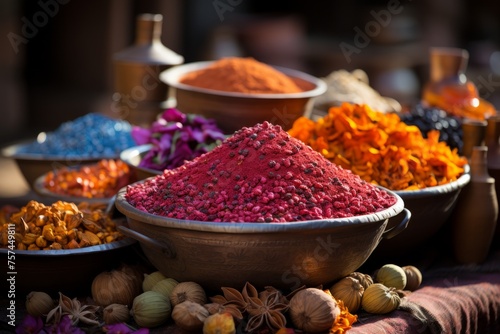 A variety of spices, including turmeric and chili powder, adorn the table