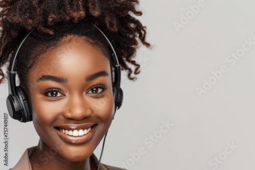 Beautiful Afro-American woman in headset, light gray background