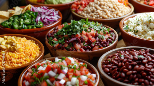 A diverse selection of delectable Mexican dishes arrayed on wooden table, offering variety from salads to beans photo