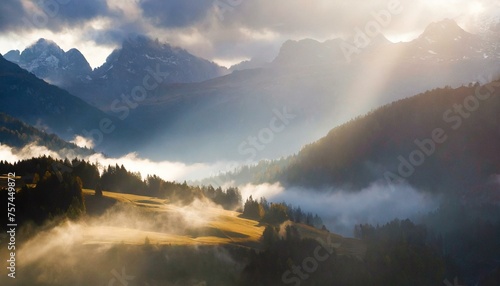 foggy misty sunrise in the mountain valley with rays of light