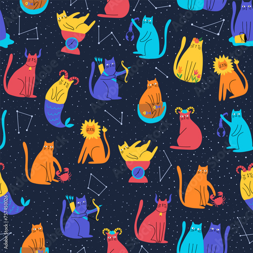 Seamless pattern with zodiac cats. Hand draw style. Vector illustration of twelve zodiacal symbols. Astrology Sign. For textile, fabric, wallpaper, apparel clothing, banner, poster, postcard.