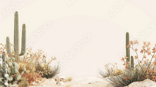 cactus in the desert, Desert cactus and wildflowers illustration with copy space. Watercolor painting style on a beige background. Nature and botany concept for design, invitations, and print photo