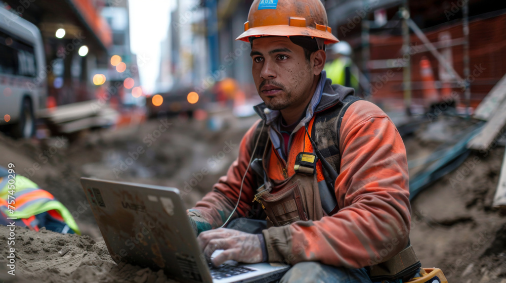 A construction worker in reflective gear is focused on a laptop amidst an urban construction site, depicting modern construction management. A construction worker in reflective gear is focused on a laptop amidst an urban construction site, depicting modern construction management.