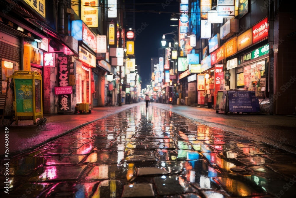 City street at night with a water puddle in center, reflecting building lights - obrazy, fototapety, plakaty 