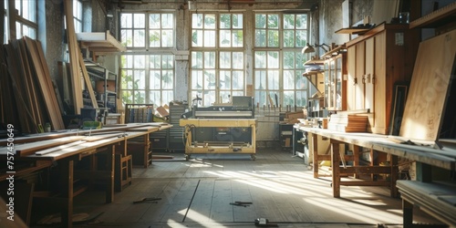 A spacious carpentry workshop with tools and wooden planks bathed in sunlight.