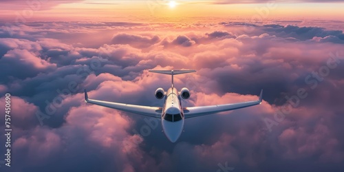 A private jet flying high above the clouds at sunset.