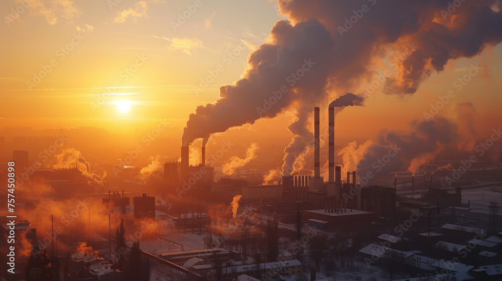 Polluting industrial smokestacks with heavy smoke against a dramatic sunset sky.